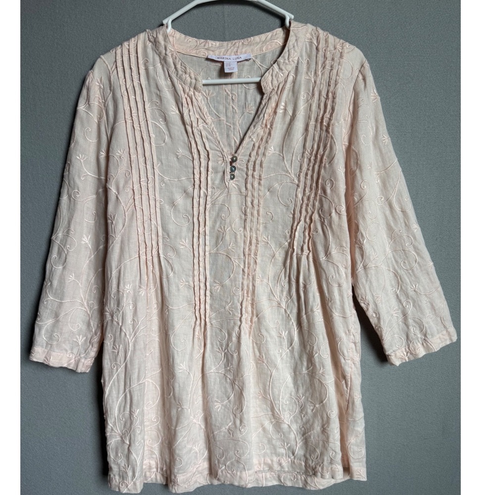 Marina Luna Tunic Women Medium Pink Boho Embroidered Linen Blend Roll Tab Top